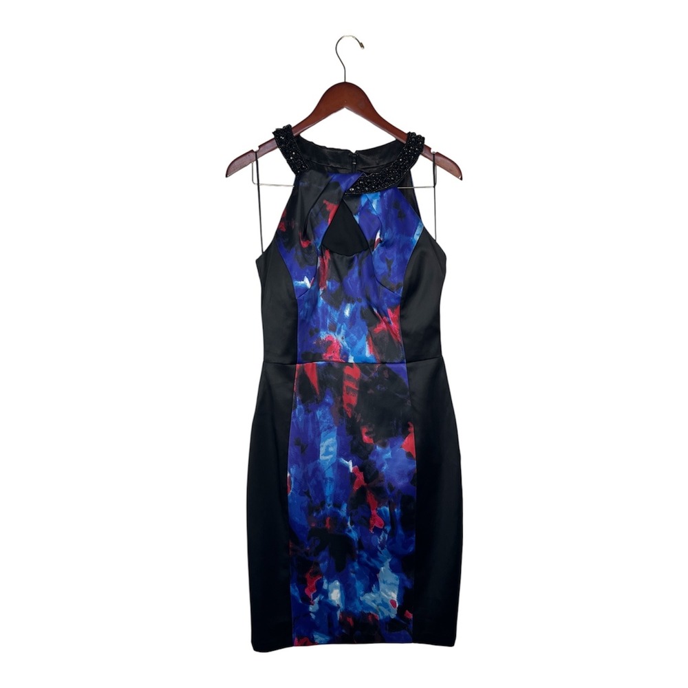 JAX Floral Sheath Dress Women 12 Black Blue Beaded Halter Neck - Picture 2 of 12